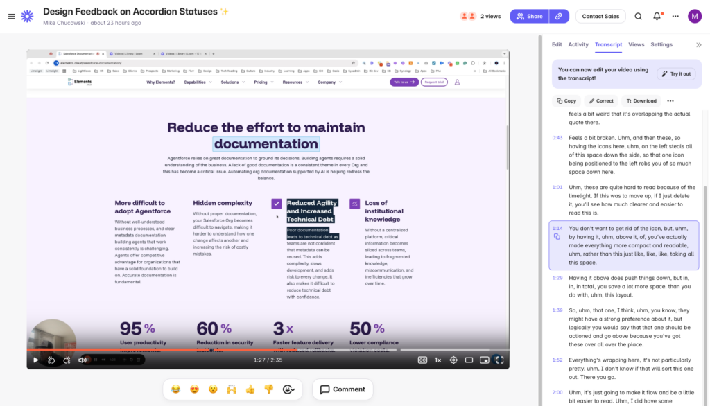A screenshot of the Loom interface, an A.I. generated transcript can be seen in the side panel.